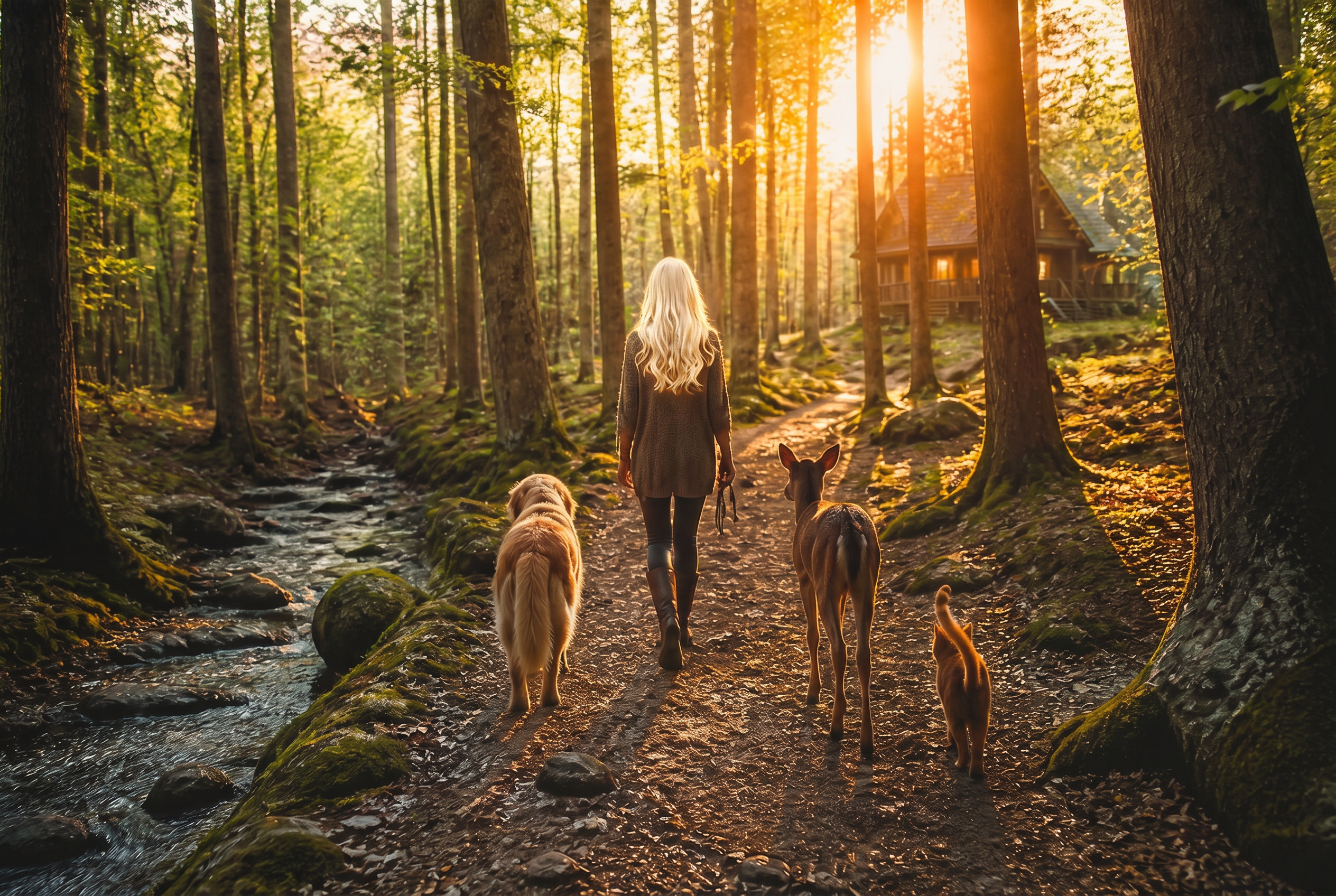 A woman walking a forest trail at golden hour with a golden retriever, a young deer, and an orange cat