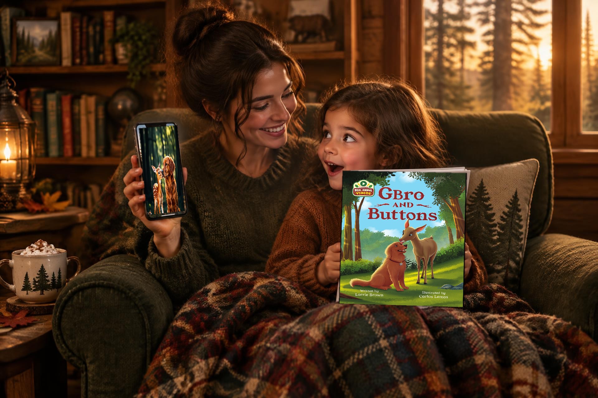 A parent holding a phone playing a real trail video while their child holds the GBro and Buttons storybook, looking at it in awe