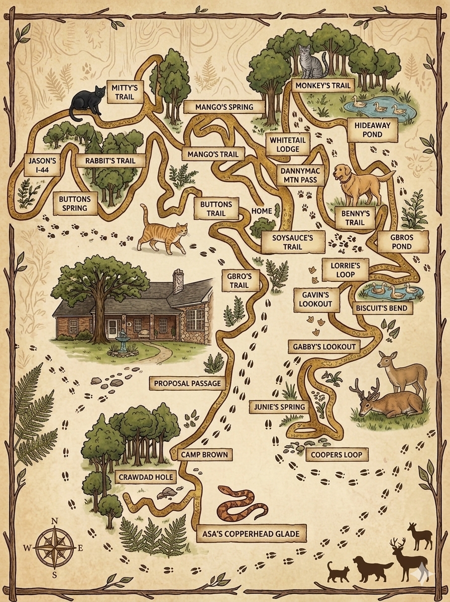 Illustrated woodland map of the Brown Hiking Trails route network.